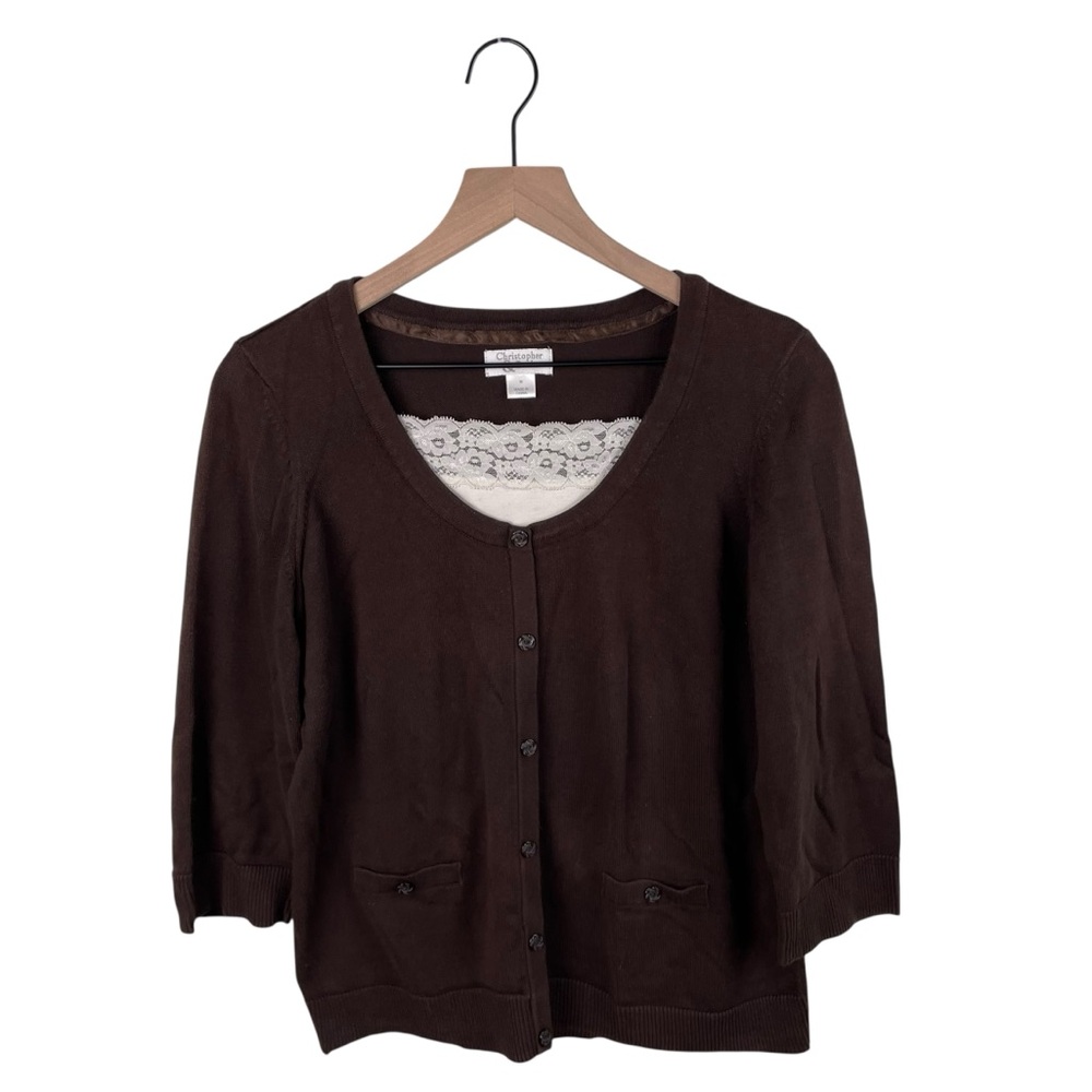 Vintage Christopher & Banks Cardigan with Lace Inset Panel Size Medium Brown Y2K